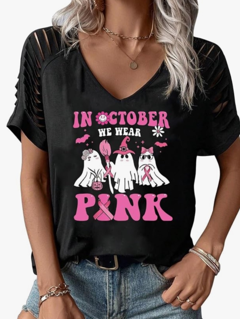 October We Wear Pink Women's Black Graphic Tee Show support with this black wome